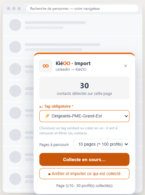Le panneau d'import de l'extension KiéOO sur une recherche LinkedIn