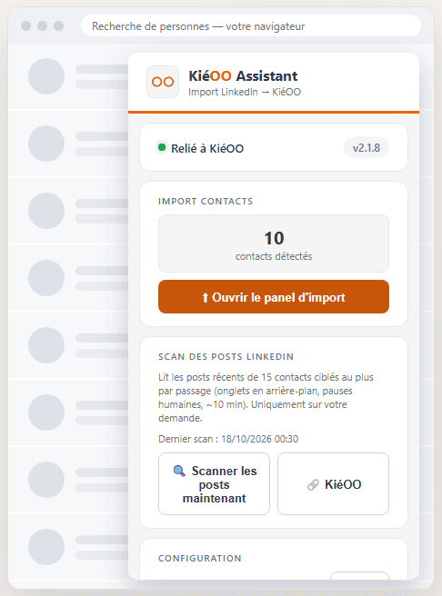 Le menu de l'extension KiéOO