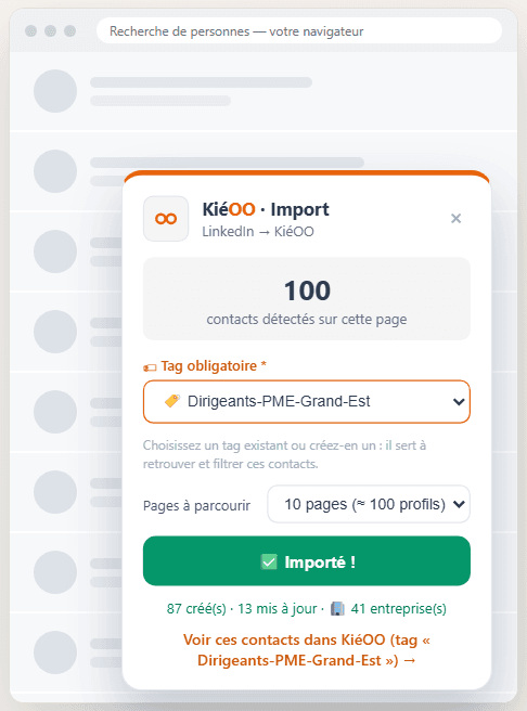Import terminé, avec le lien vers les contacts